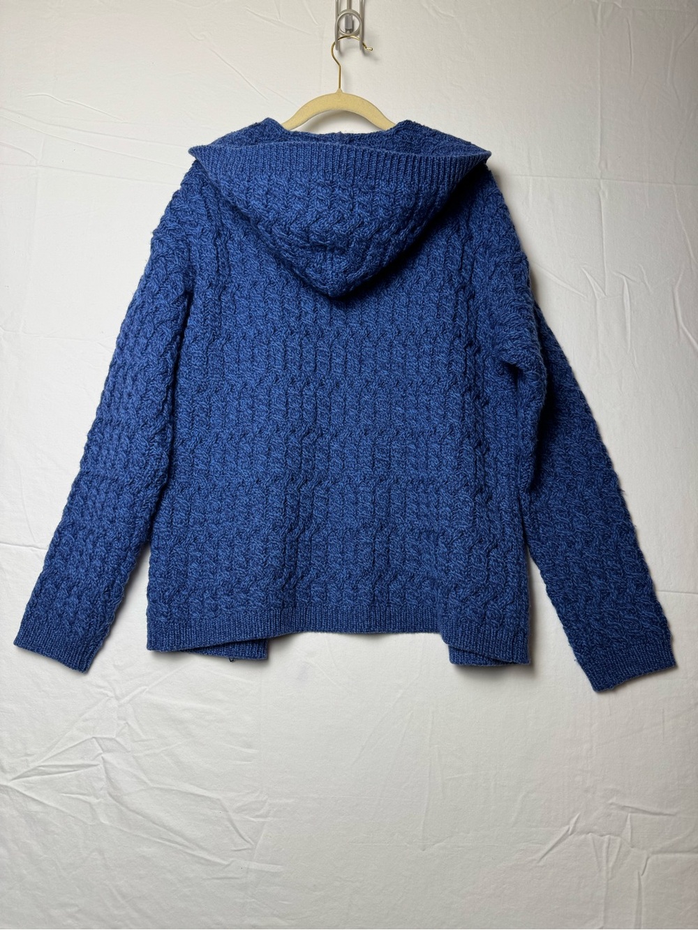 Aran Crafts Irish Wool Blue Hooded Zip-Front Cable Knit Cardigan Large - Picture 2 of 4